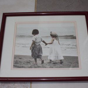 EUC,  Girl & Boy walking at beach matted & framed